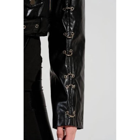 Akira Black Faux Leather Eyelet Cropped Jacket Womens L - Picture 4 of 5